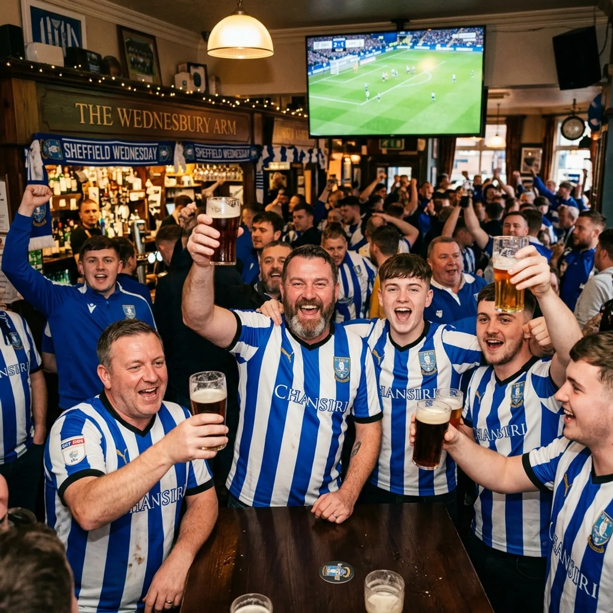 Sheffield Wednesday football fans celebrating together in a pub wearing blue and white shirts watching a match