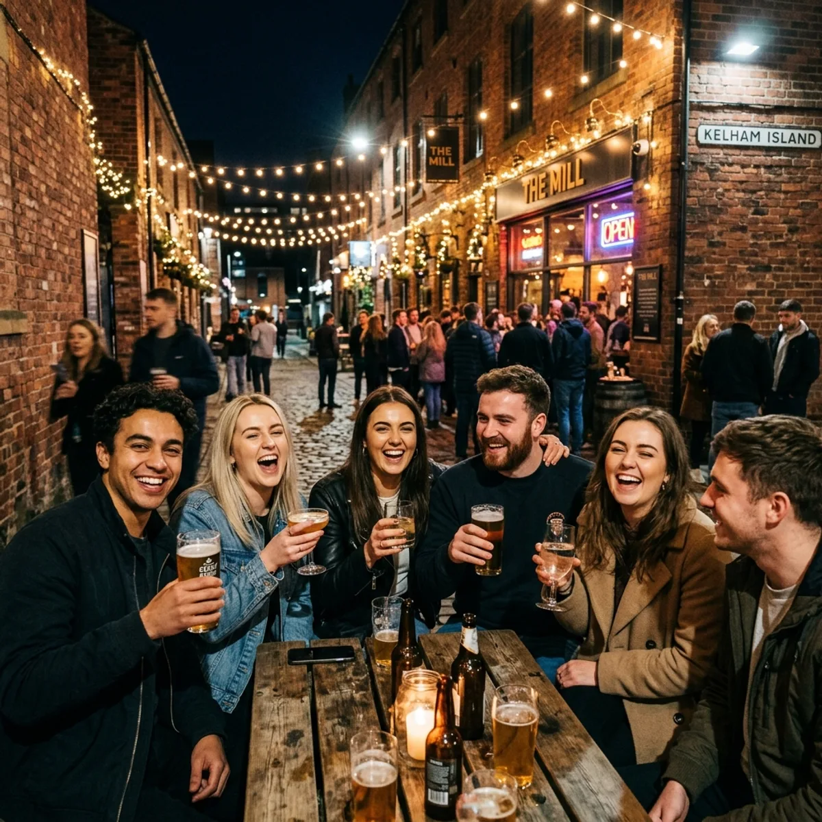 Friends on a Sheffield night out in Kelham Island bar district with fairy lights and exposed brick walls