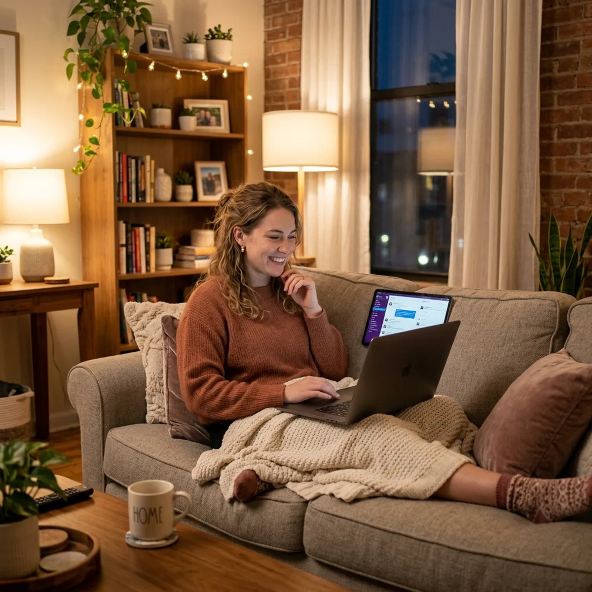 Woman using Sheffield chat rooms on a laptop at home in the evening