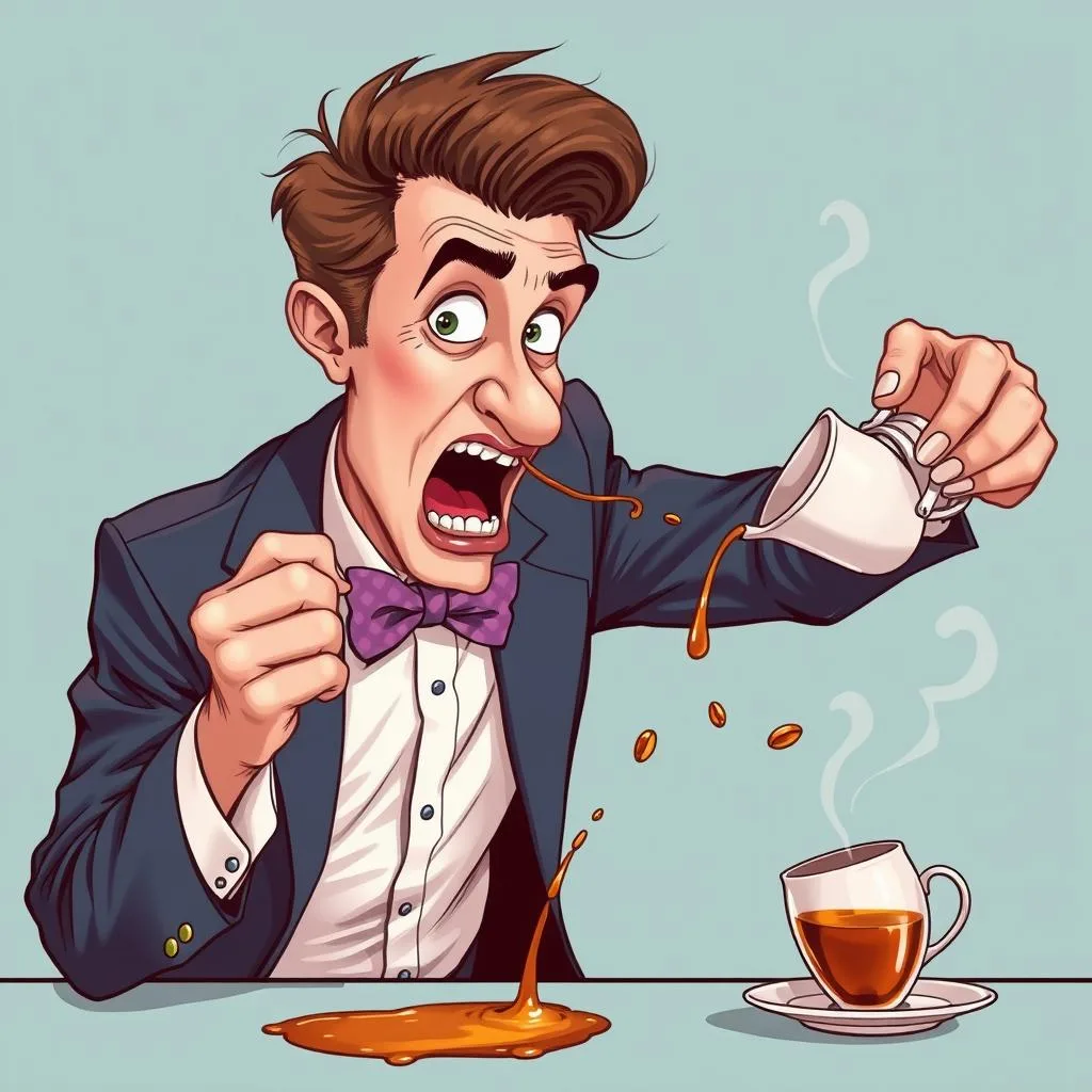 Cartoon man spilling tea from a cup while reacting dramatically