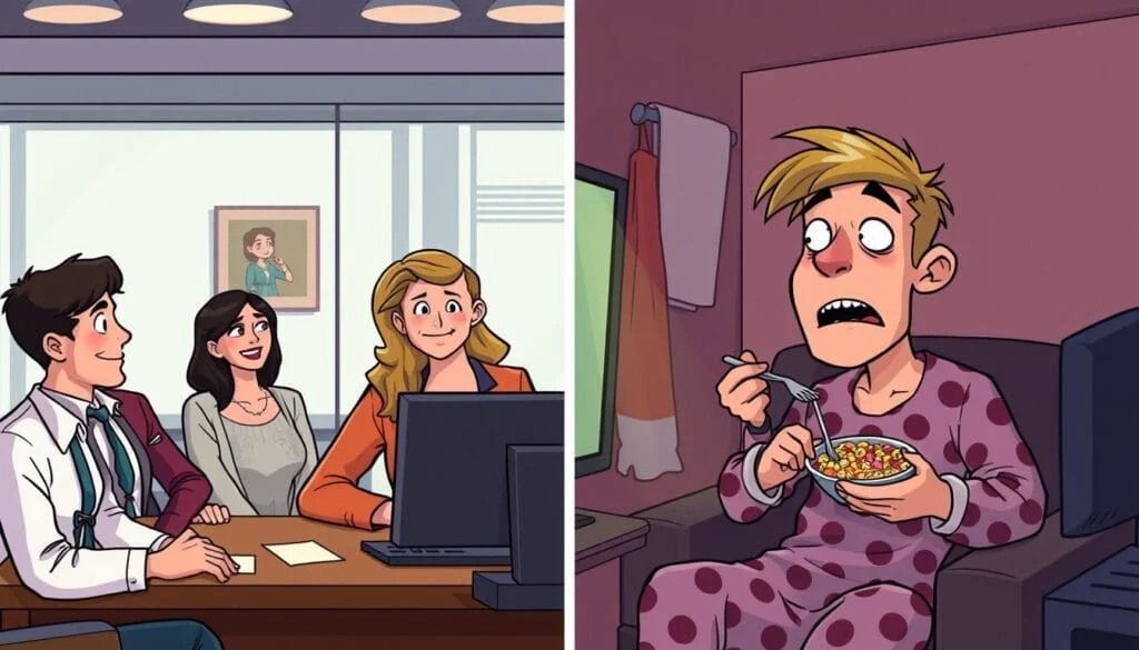 Splitscreen illustration showing random online communication