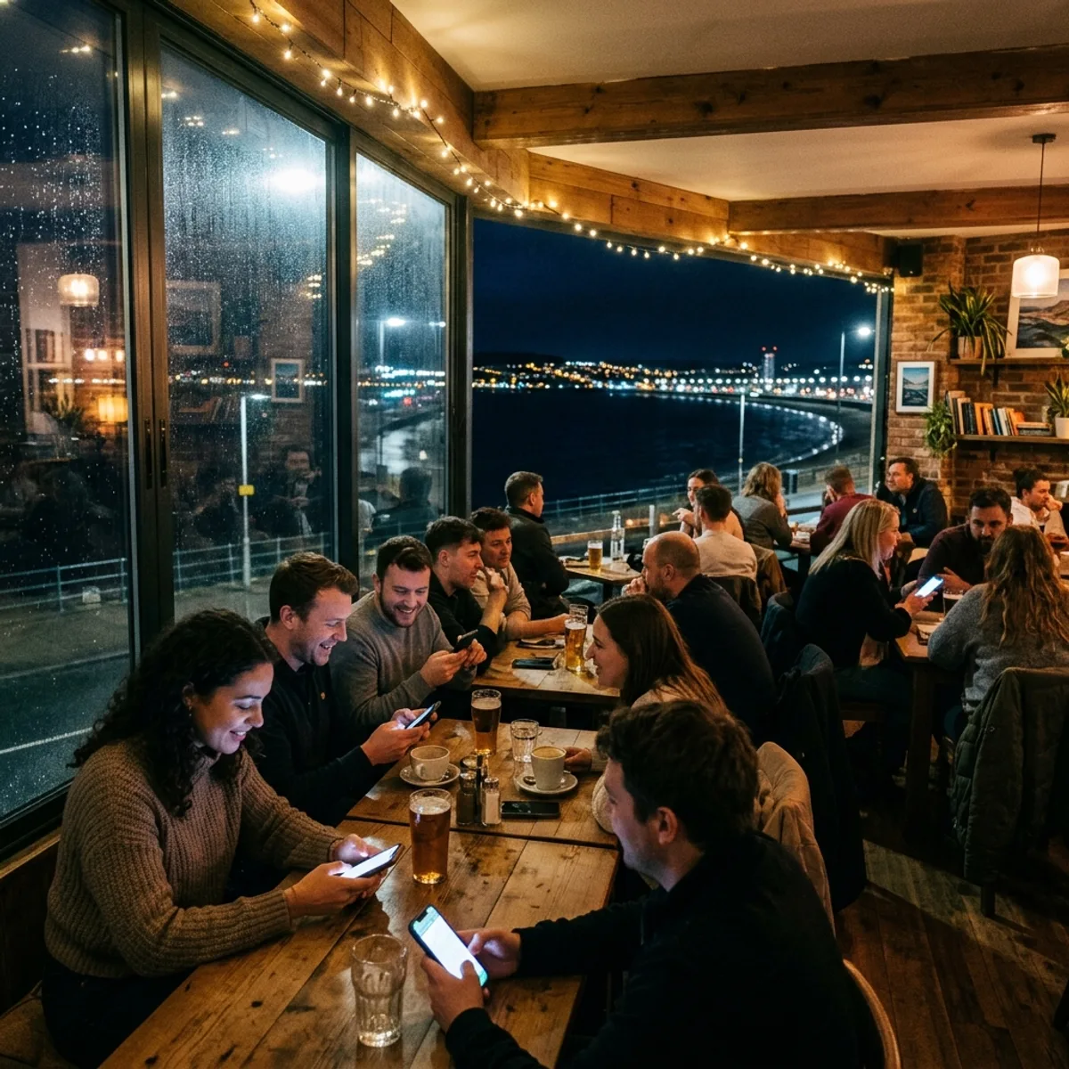 A cozy seaside cafe along Swansea Bay at night with city lights reflecting on the water through the windows and people using smartphones