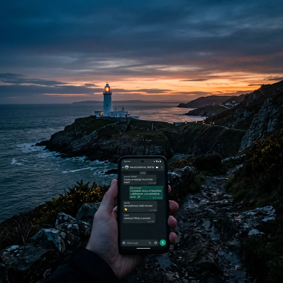 Mumbles Lighthouse at twilight with deep blue and sunset orange skies and a glowing phone screen in the foreground
