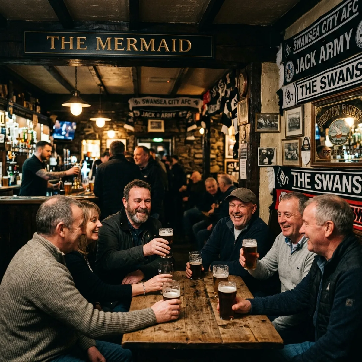 Inside a warm traditional pub in Mumbles Swansea with black and white Swansea City AFC football scarves hanging on the wall