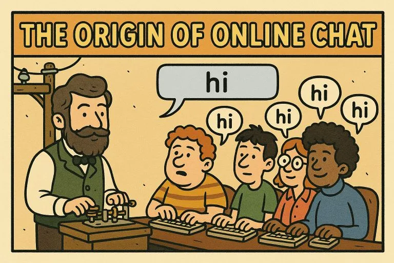 Cartoon illustration titled The Origin of Online Chat showing a Victorian man on a telegraph and teenagers typing hi on computer keyboards