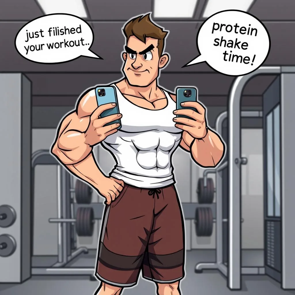 Cartoon gym man taking selfies with two phones and an extra arm