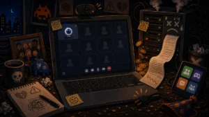 Laptop showing an empty group video chat grid beside a smoking server bill and unplugged cable