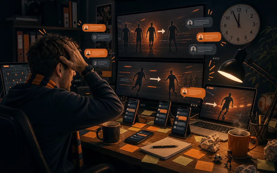 A football fan at a desk reacting to transfer deadline chat on several screens