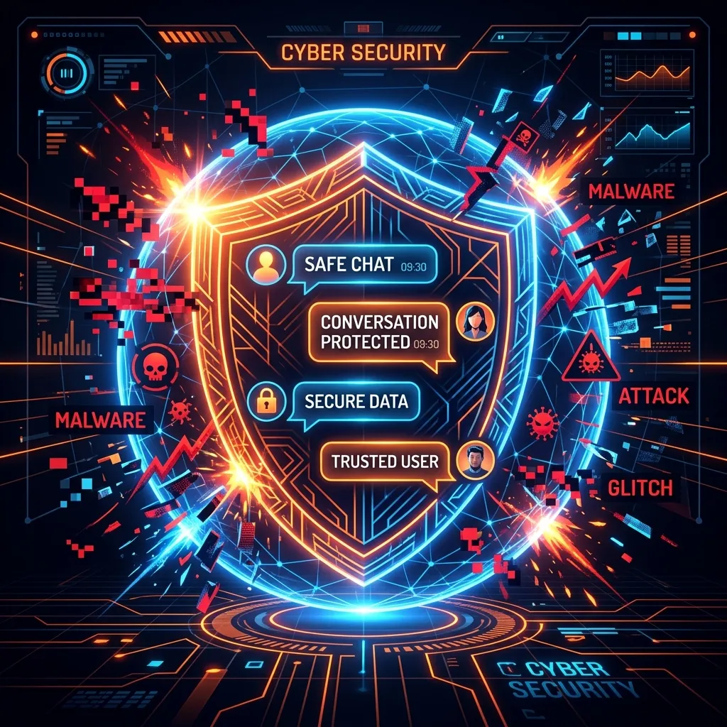 Glowing neon shield defending chat communications from toxic attacks and troll symbols