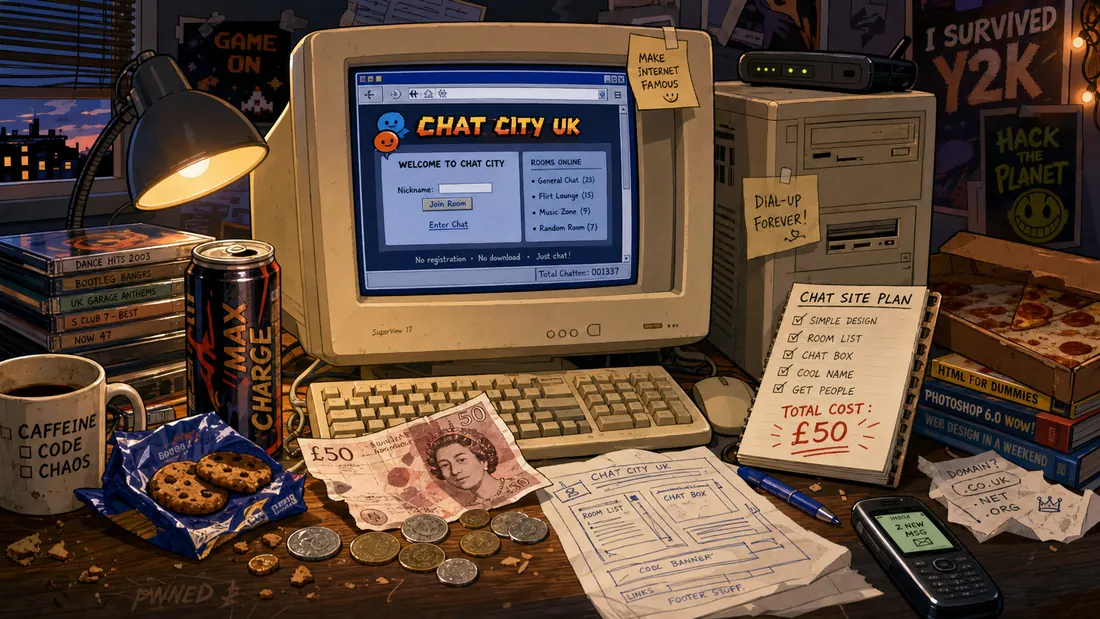 Old desktop computer on a cluttered desk with money, snacks and chat website notes