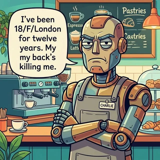 Cartoon barista robot standing in a cafe with a stern expression
