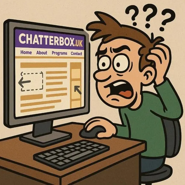 Cartoon person looking confused at a Chatterbox UK computer screen