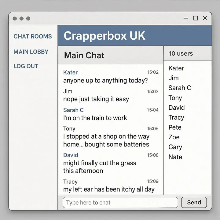 Mock Crapperbox UK chat window with user list and messages