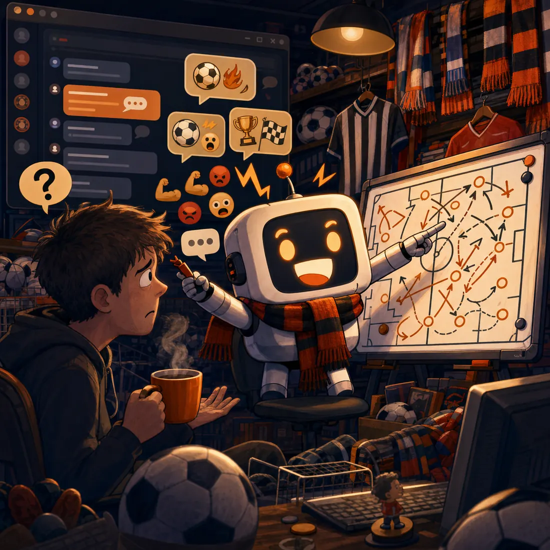 Cartoon football chatbot waving at a tactics board while a confused person holds a cup of tea