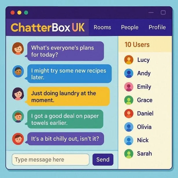 Chatterbox UK chat dashboard with rooms, profile area and user list