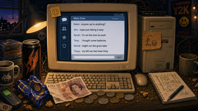 Old desktop computer showing a chat room with dull messages about batteries, grass cutting and an itchy ear