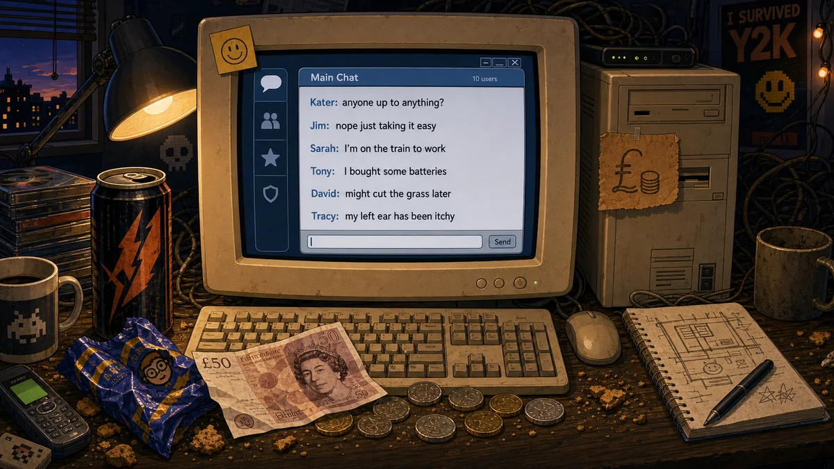 Old desktop computer showing a chat room with dull messages about batteries, grass cutting and an itchy ear