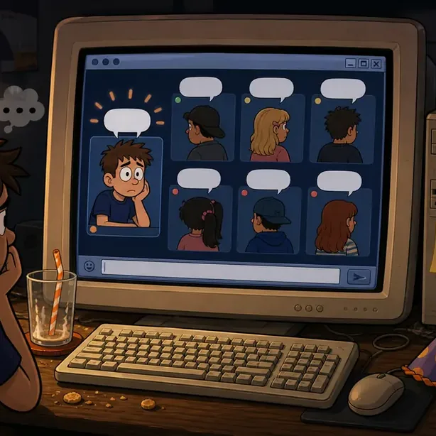 Old computer showing silent chat avatars while a lonely party hat and drink sit beside the keyboard