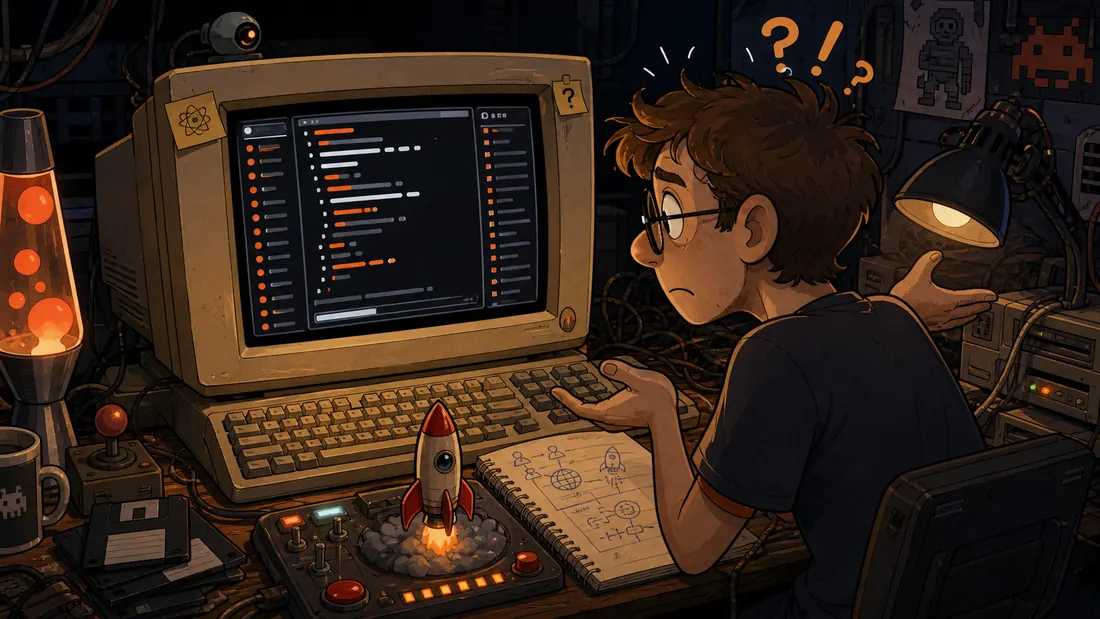 Confused person at a retro computer desk with glowing command blocks and tangled cables