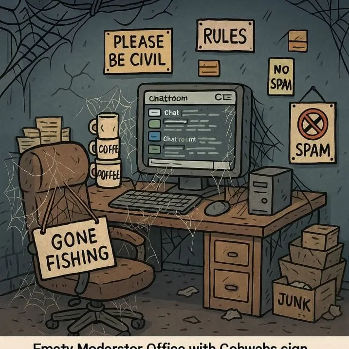 Cartoon moderation desk with warning signs, old computer and clutter