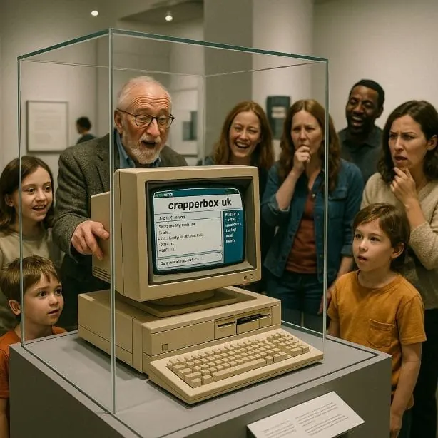 Museum display showing an old desktop computer surrounded by visitors