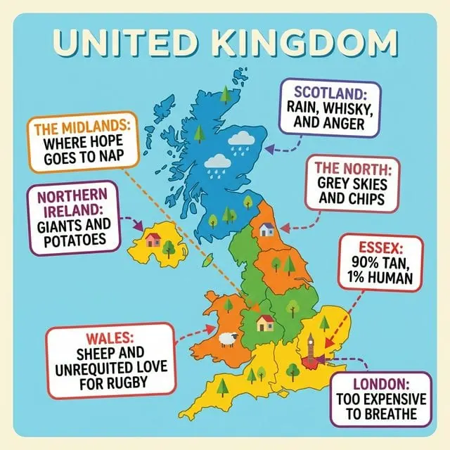 Cartoon map of the United Kingdom showing joke regional chat labels