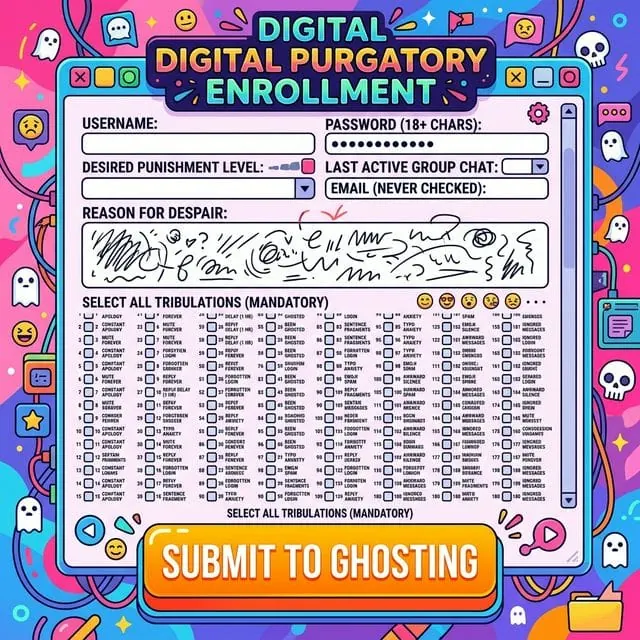 Colourful digital purgatory enrolment form with cartoon chat room paperwork