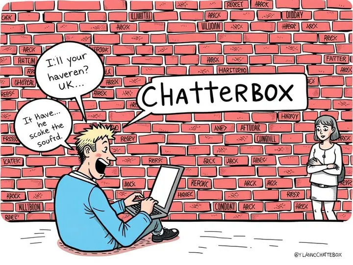 Cartoon person using a laptop beside a brick wall labelled Chatterbox