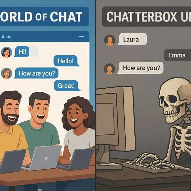 Split screen comparing a lively World of Chat room with a Chatterbox room containing a skeleton