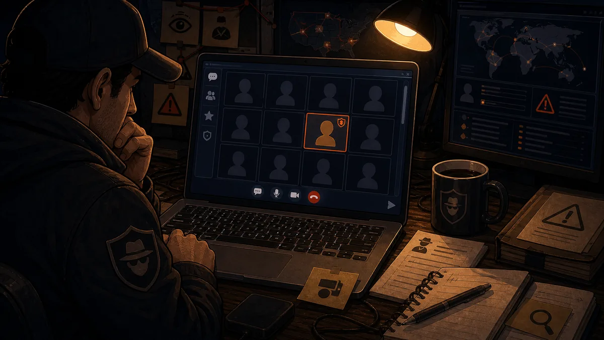Undercover officer watching a grid of anonymous chat profiles on a laptop