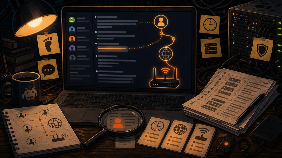Laptop showing chat logs linked to a router and server notes