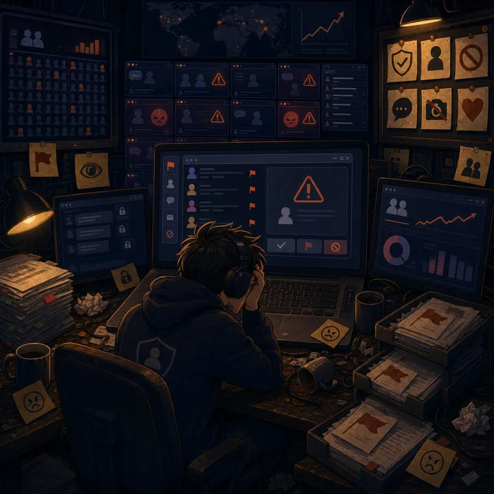 Overwhelmed moderator watching many anonymous chat panels with warning icons