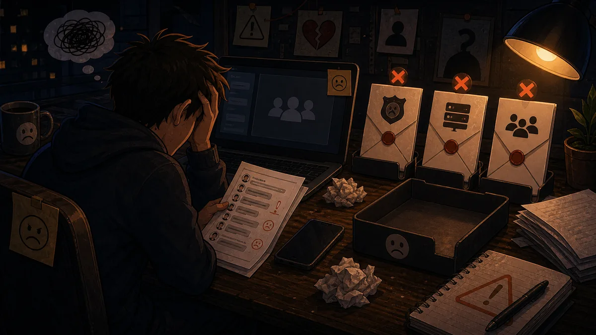 Stressed website owner beside ignored abuse reports and an empty inbox