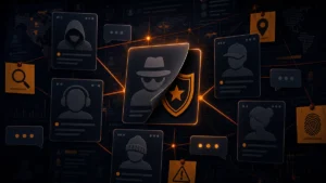 Anonymous chat profile card revealing a hidden badge among connected chat profiles