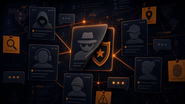 Anonymous chat profile card revealing a hidden badge among connected chat profiles
