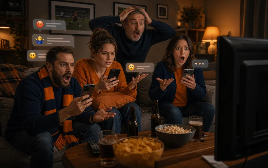 Football fans reacting in disbelief to a television replay while using phones