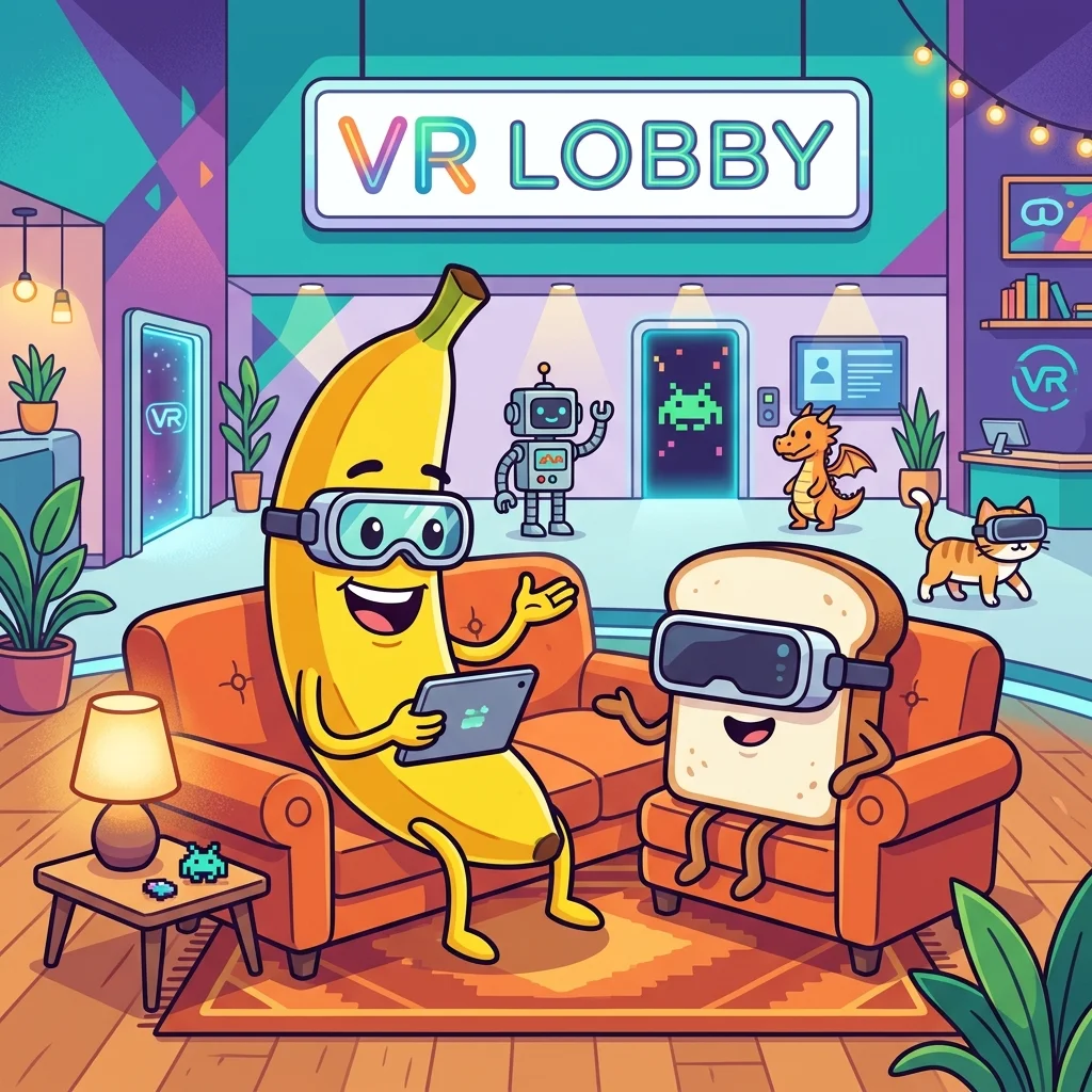 Banana and bread loaf avatars chatting on a virtual couch