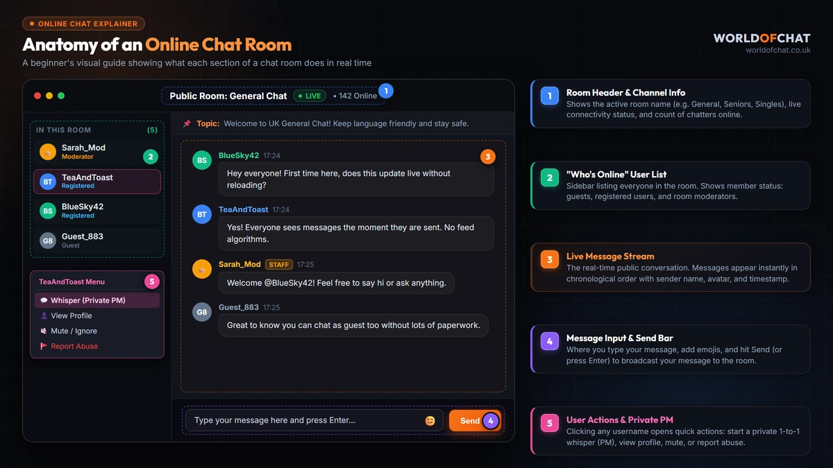 Annotated diagram showing the anatomy of an online chat room with labeled sections for the room header, user list sidebar, live message stream, text input bar, and private message menu
