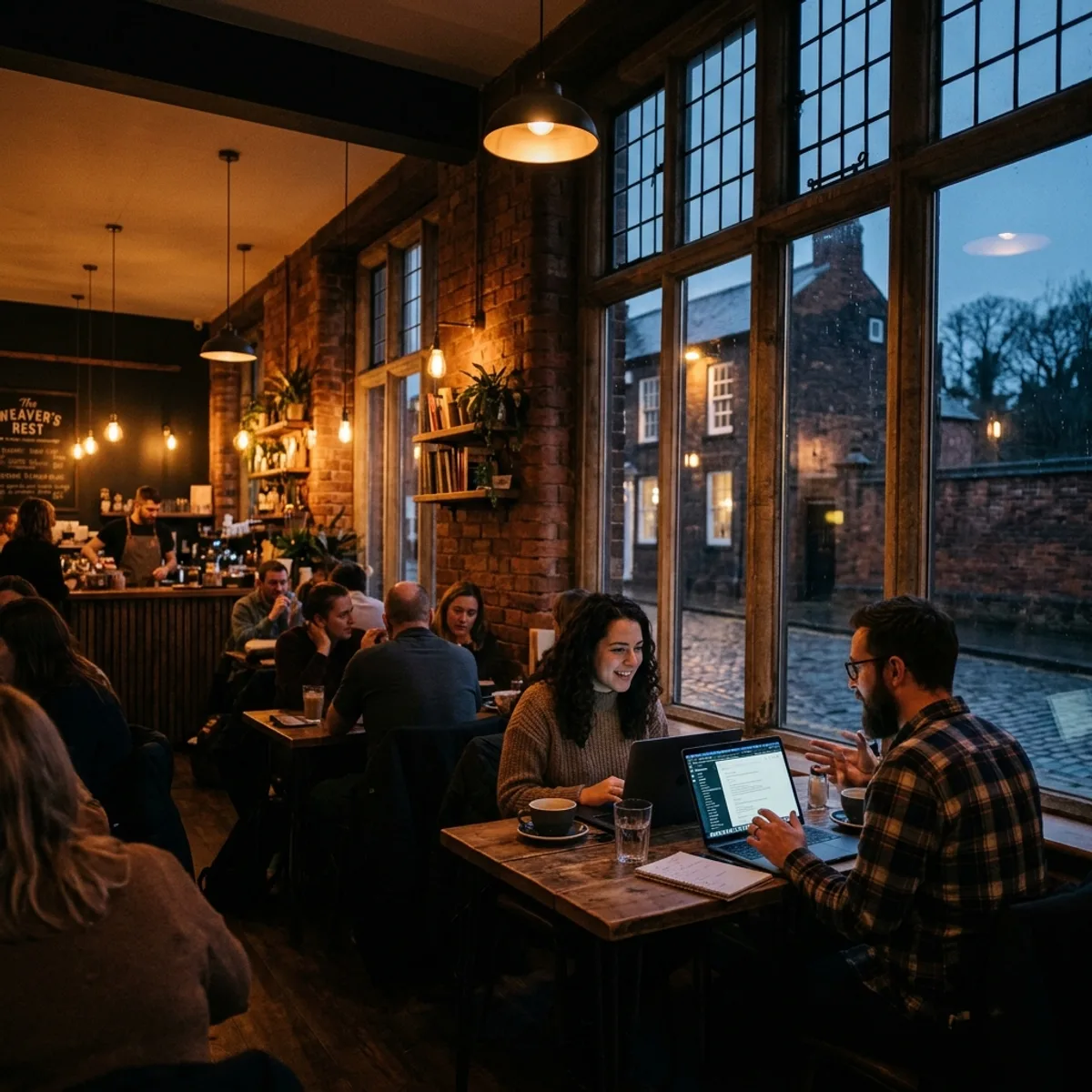 Cozy modern cafe in Wrexham near Erddig Hall with brick architecture visible through windows
