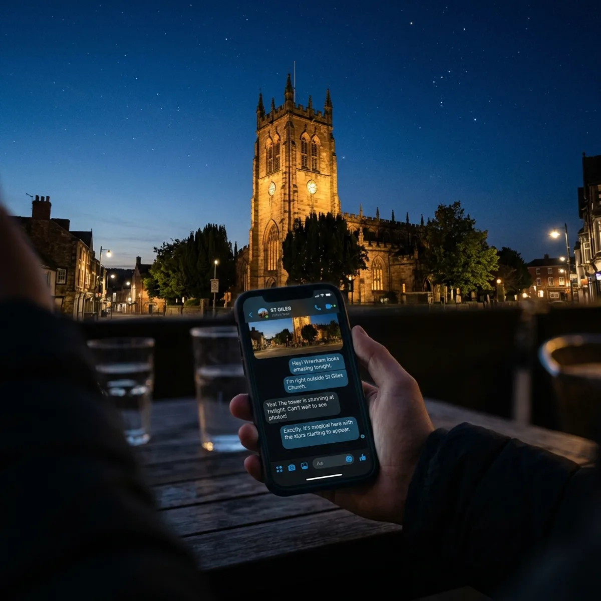 Twilight view of the historic St Giles Church tower in Wrexham Wales