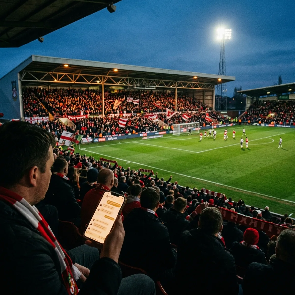 Wrexham AFC Racecourse Ground football stadium at twilight with lights glowing