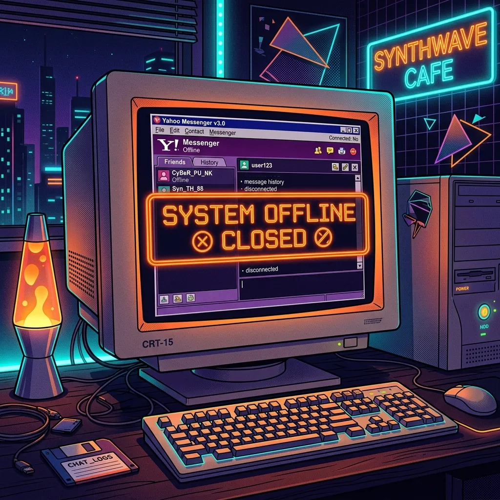 A retro vector illustration of a 1990s desktop computer monitor showing a Yahoo Messenger chat lobby with a neon orange "CLOSED" alert banner across the screen.