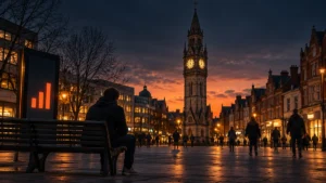 A person sits alone on a bench as pedestrians pass a clock tower at dusk. Caption: One person sits alone while the city carries on around them.