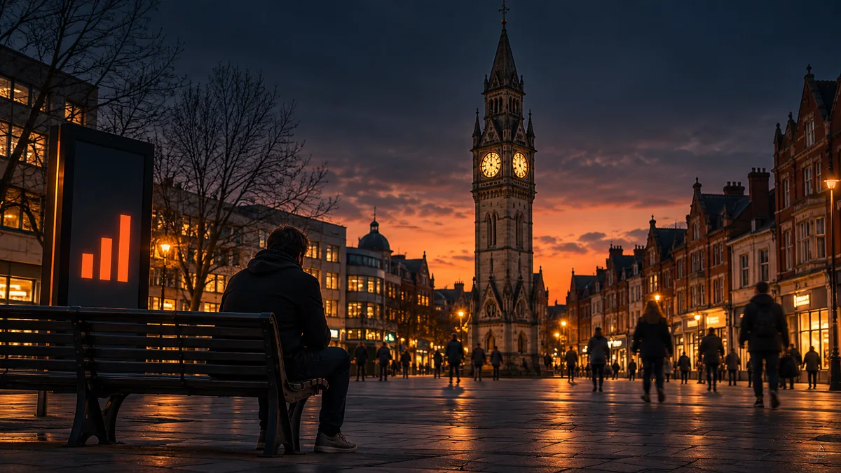 A person sits alone on a bench as pedestrians pass a clock tower at dusk. Caption: One person sits alone while the city carries on around them.