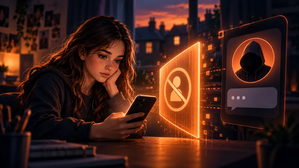 Young woman using a phone beside an anonymous chat profile and warning symbol